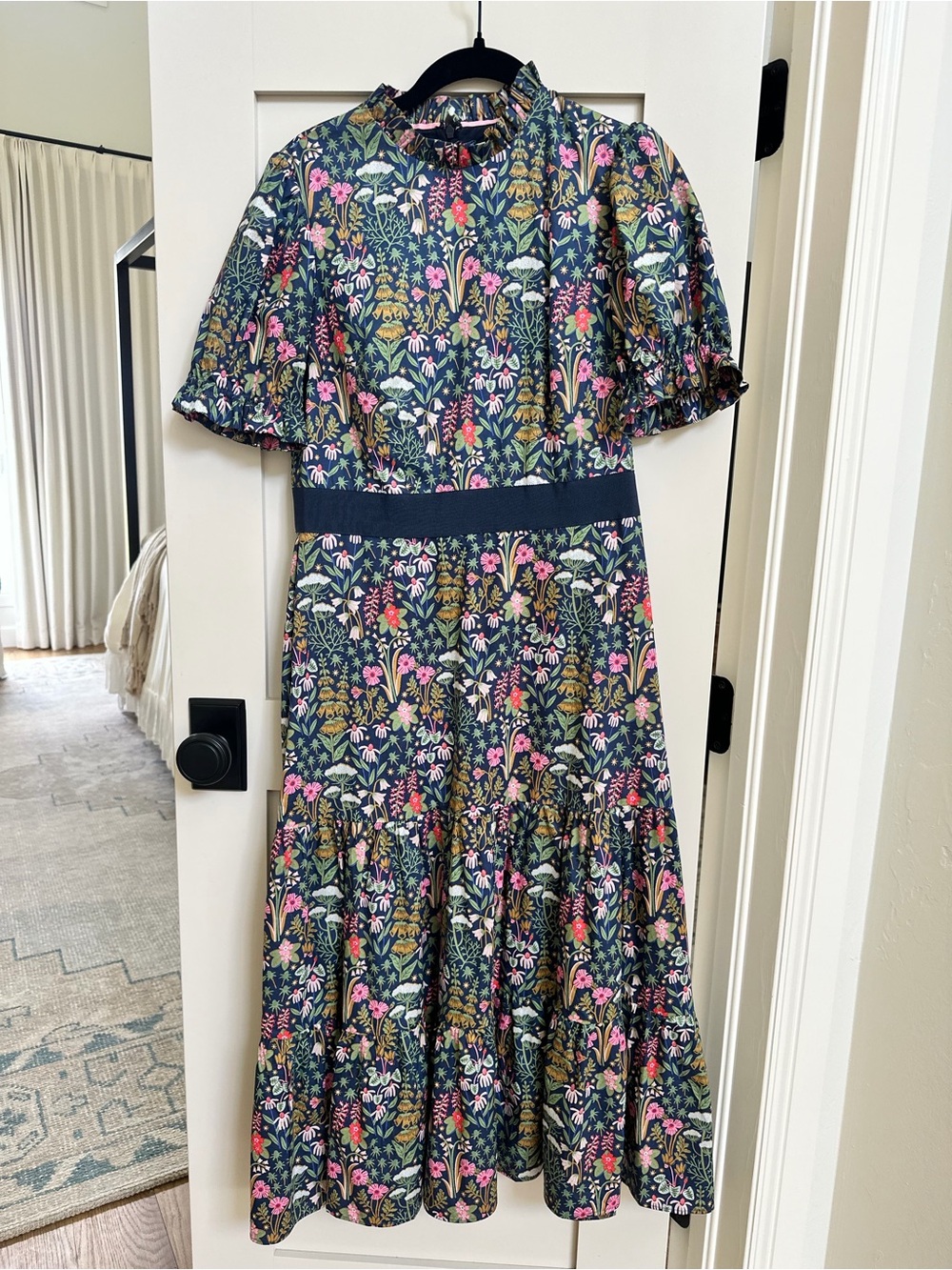 Doen Navy Floral Midi Dress with Pink & Green Accents